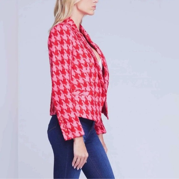 L'Agence Brooke Tweed Pink and Red Houndstooth Cropped Blazer - Picture 3 of 10